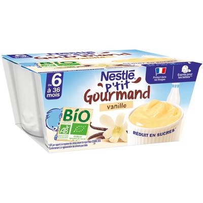 Nestlé - P'tit Gourmand Dessert lacté Vanille Bio Coupelle Bébé Dès 6 mois, 4x90g