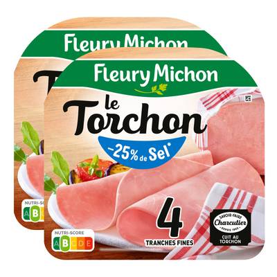 Fleury Michon Jambon Le torchon, Taux de Sel Réduit - 25%*, Lot de 2x120g