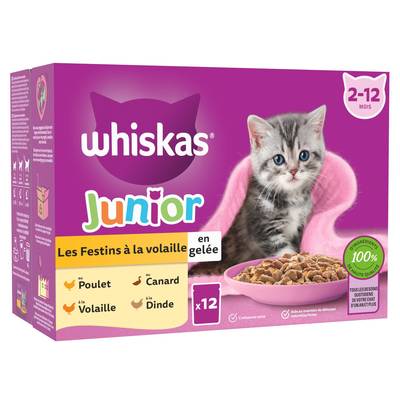 Whiskas Sachets en gelée Festins à la Volaille 4 variétés pour Chaton, 12x85g