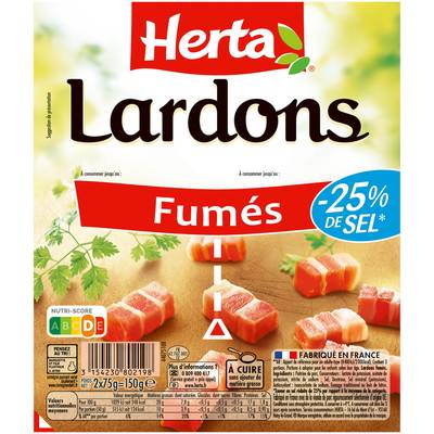 Herta Lardons fumés, Taux de Sel Réduit - 25%*, 2x75g