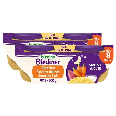 Blédina - Blédîner Duo de Carottes, Patates Douces et Semoule Bol Bébé Dès 8 mois, Lot de 2x2x200g