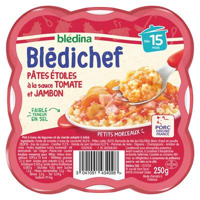 Blédina - Blédi'chef Pâtes Etoiles à la Sauce Tomate et Jambon Assiette Bébé Dès 15 mois, 250g