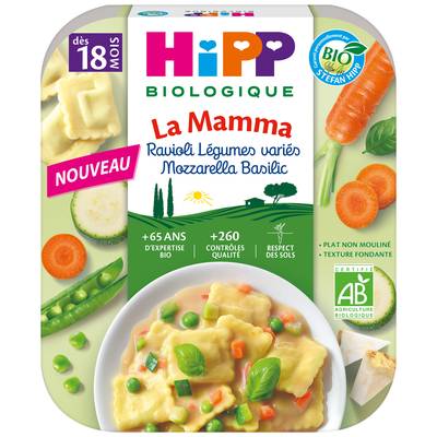 Hipp - La Mamma Ravioli Légumes Variés Mozzarella Basilic Bio Plat Bébé Dès 18 Mois, 250g