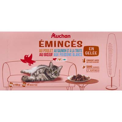Auchan Sachets émincés en gelée viandes et poissons pour chat et chat stérilisé, 48x100g