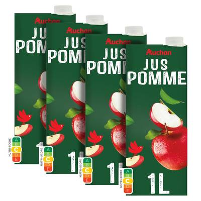 Auchan Jus de pomme à base de concentré sans sucres ajoutés, Lot de 4x1L