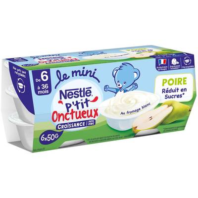 Nestlé - P'tit Onctueux Mini Dessert Lacté Poire Fromage Blanc Coupelle Bébé Dès 6 mois, 6x50g