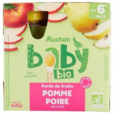 Auchan Baby Bio Purée de fruits Pomme Poire Bio Gourdes Bébé dès 6 mois, 4x85g