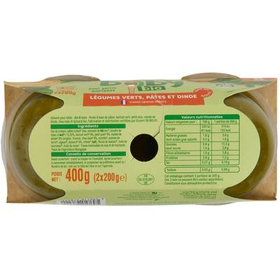 Auchan Baby Bio Légumes pâtes dinde Bio Bol bébé dès 8 mois, 2x200g