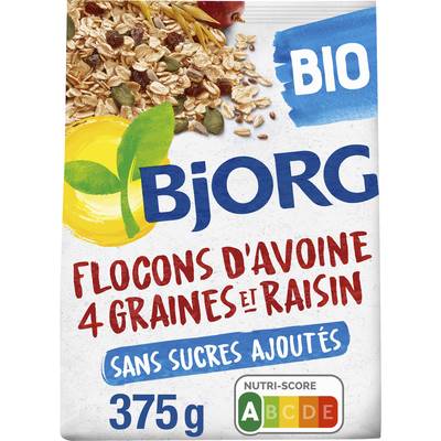 Bjorg Flocons d'avoine 4 graines et raisins Bio, 375g