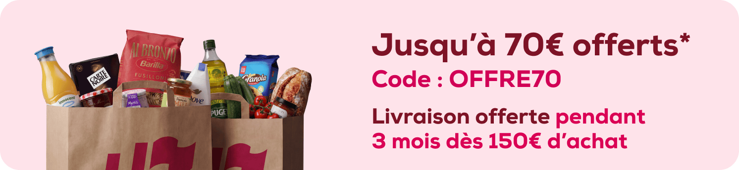 Jusqu'à 70 euros offerts avec le code OFFR70. Livraison offerte pendant 3 mois dès 150 euros d'achat.