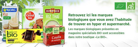 Retrouverez ici les marques biologiques que vous avez l'habitude de trouver en hyper ou supermarché.
Les marques biologiques présentes en magasins spécialisés bio sont accessibles dans notre boutique biologique.